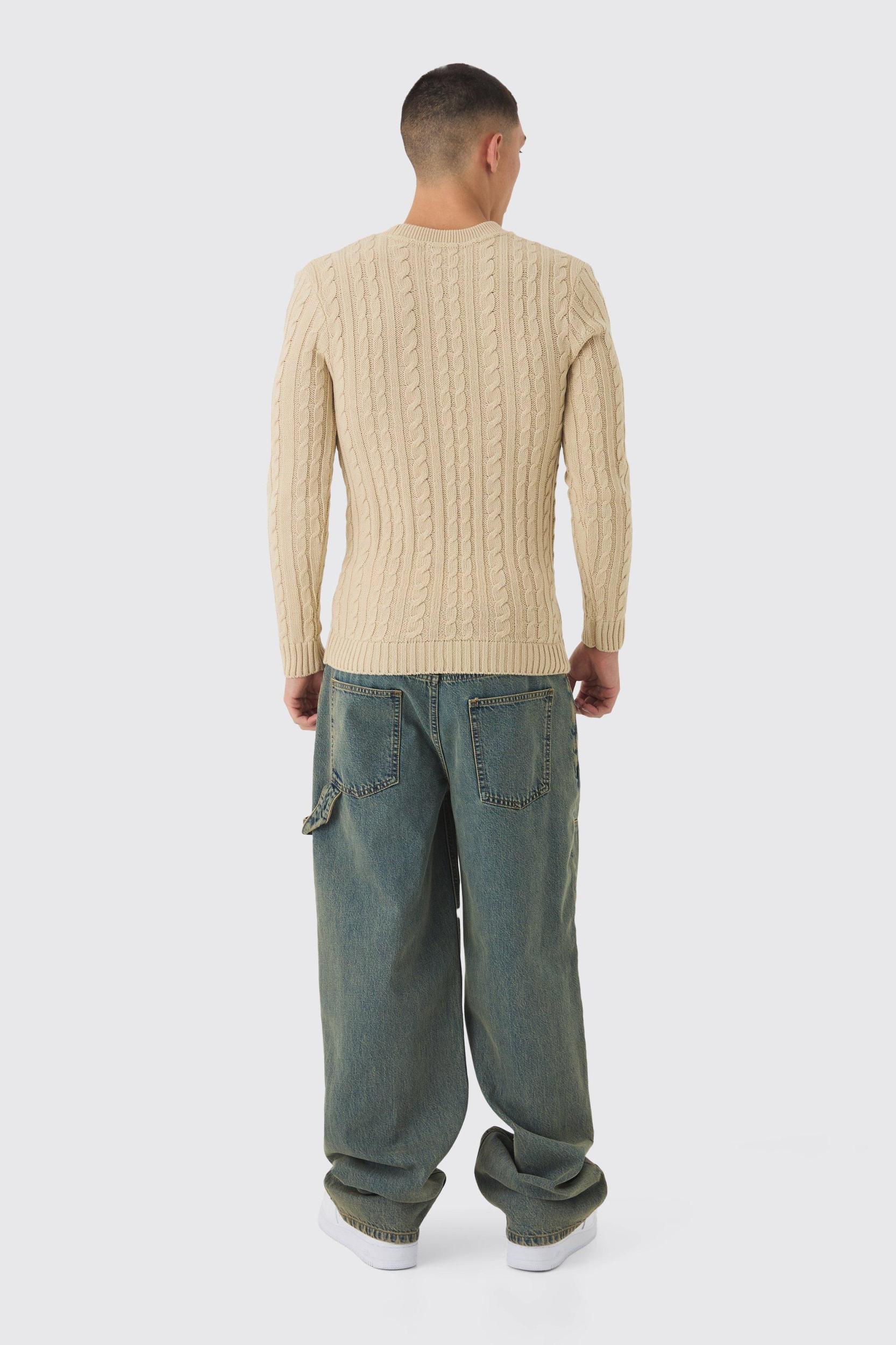 Muscle Fit Cable Knit Sweater | boohooMAN USA Product Image