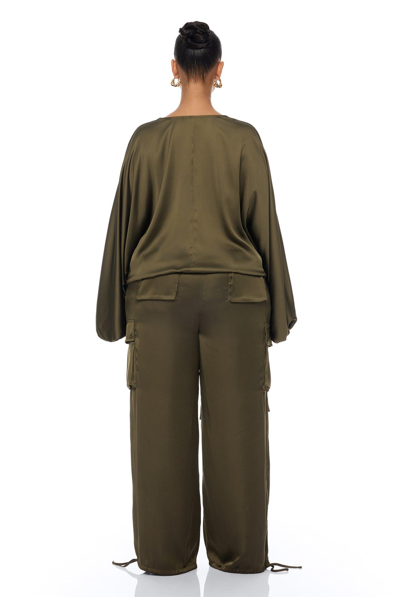 Priya Cargo Satin Pant Set - Olive Female Product Image