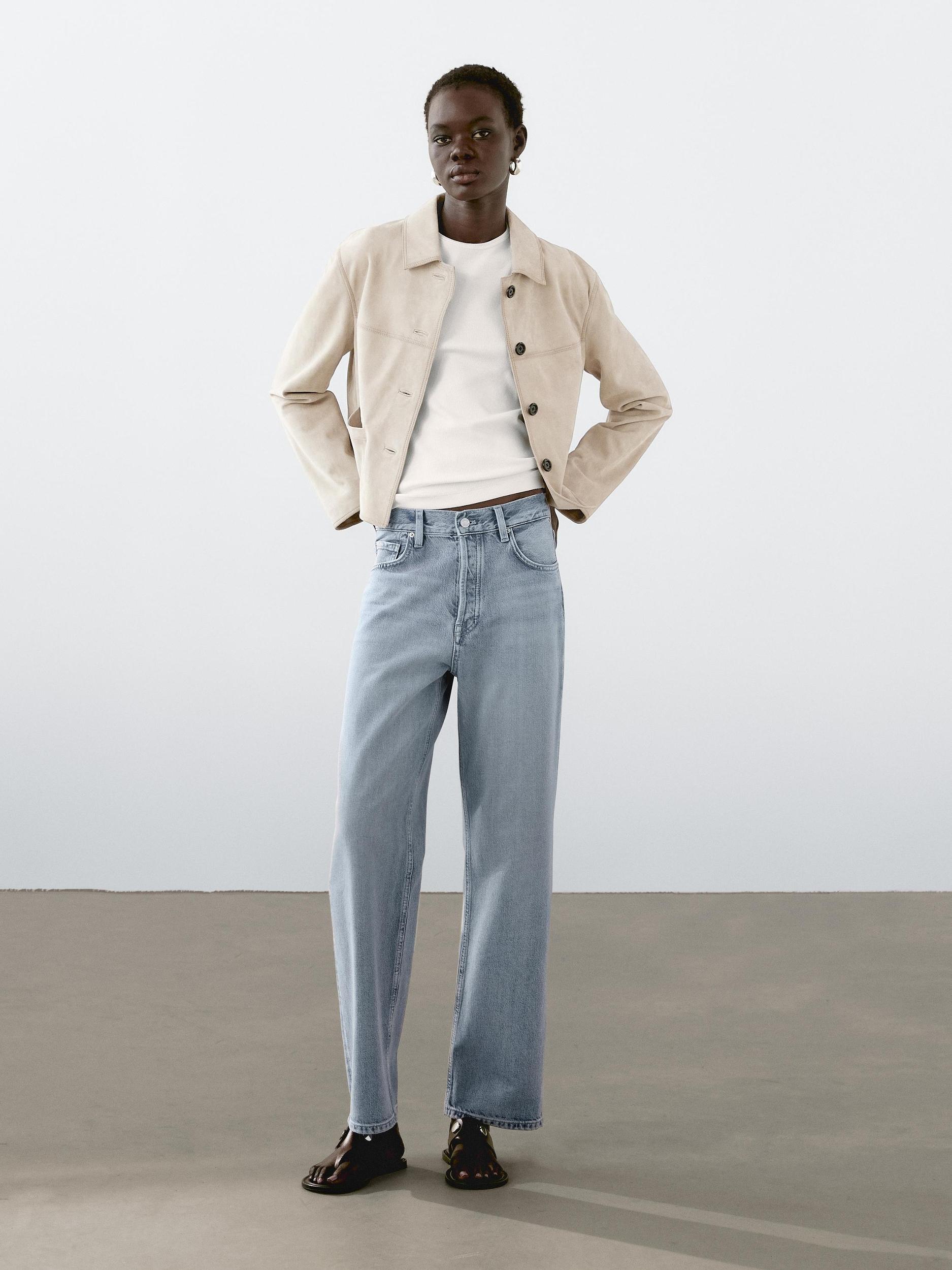 Short suede leather jacket with topstitching Product Image