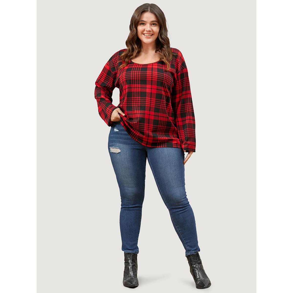 Plus Size Plaid Round Neck Bell Sleeve Sweatshirt Women Scarlet Elegant Round Neck Dailywear Sweatshirts BloomChic 12/L Product Image