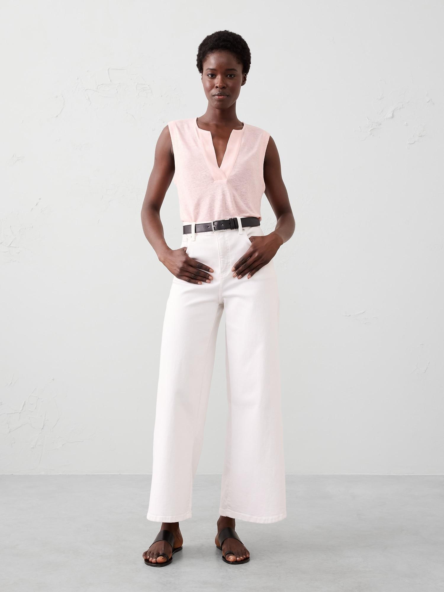 Linen-Blend Split-Neck Tank Product Image