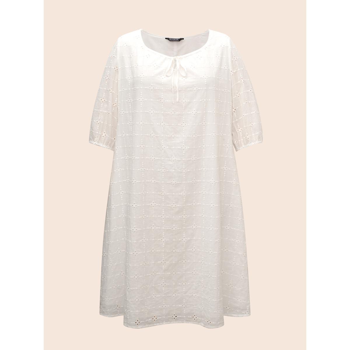 Plus Size Solid Broderie Anglaise Tie Knot Dress Originalwhite Women Casual Tie knot Round Neck Elbow-length sleeve Curvy BloomChic 10/M Product Image