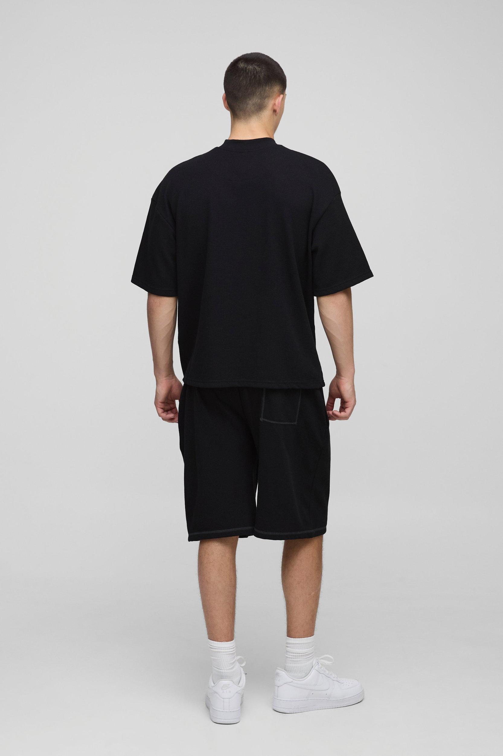 Oversized Waffle Varsity Printed T-Shirt And Short Set | boohooMAN USA Product Image