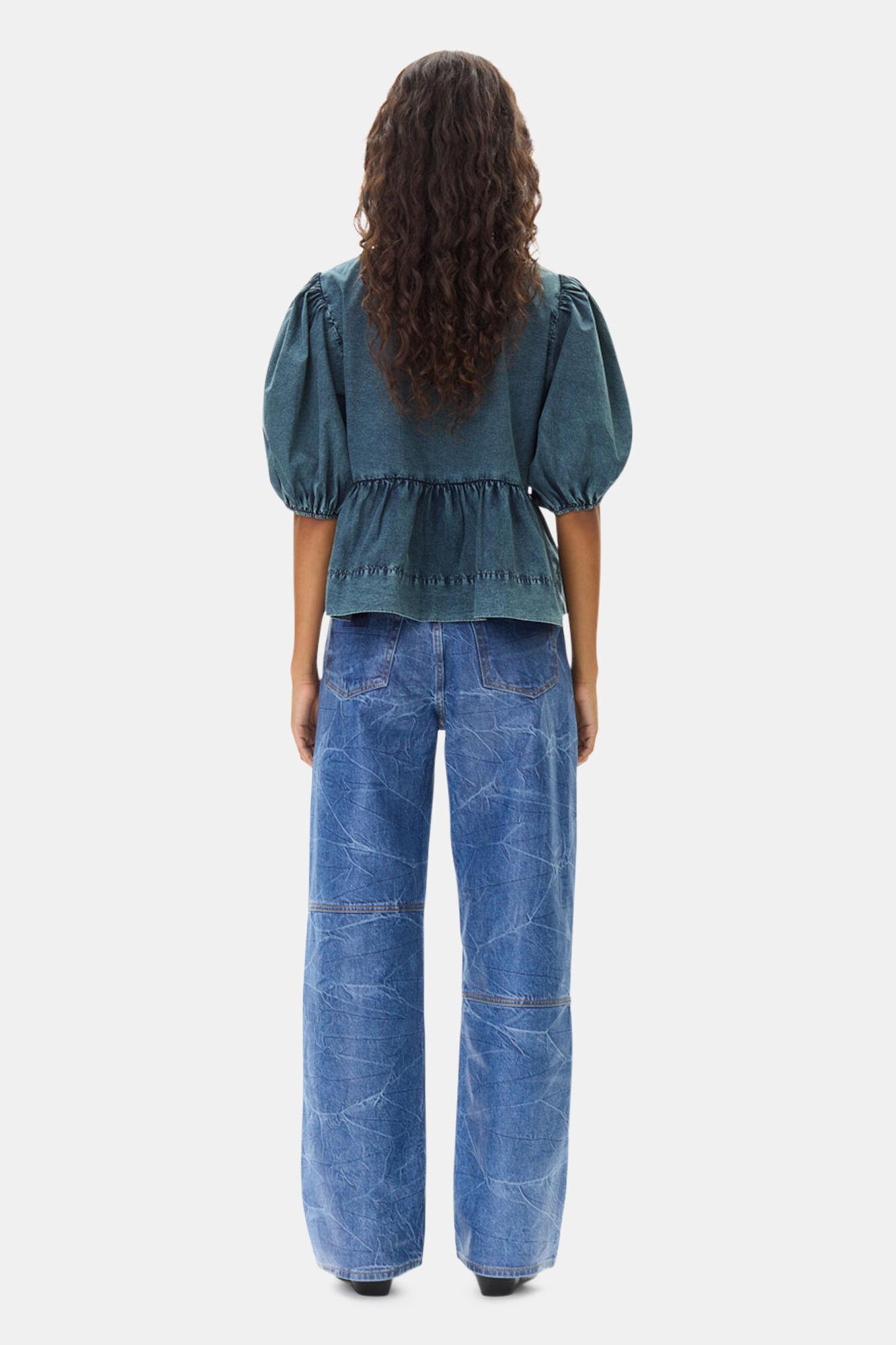 Blue Cotton Poplin Peplum Tie Blouse Product Image