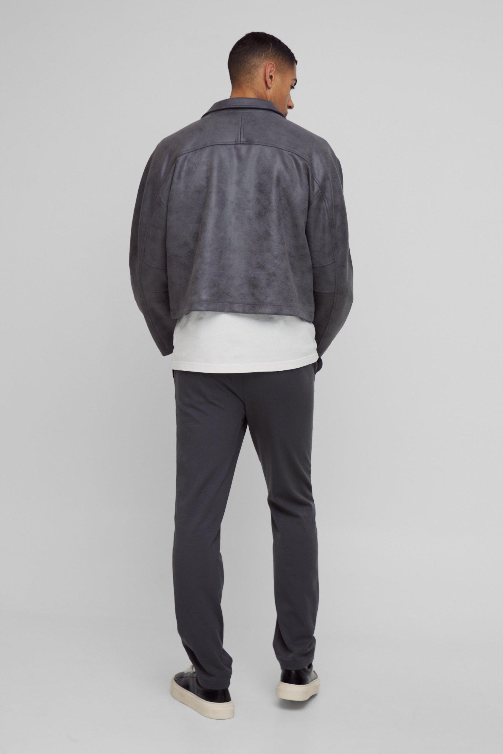 Half Elastic Waistband Stretch Straight Tailored Pants in Charcoal | boohooMAN USA Product Image