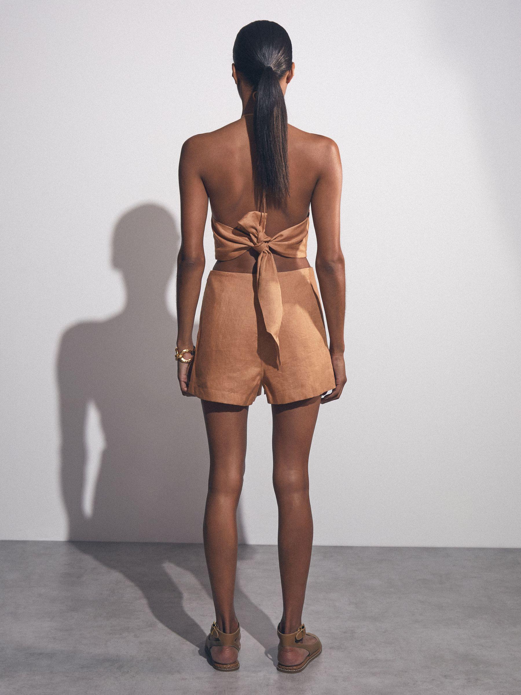 Linen Halterneck Cut Out Playsuit in Brown Product Image