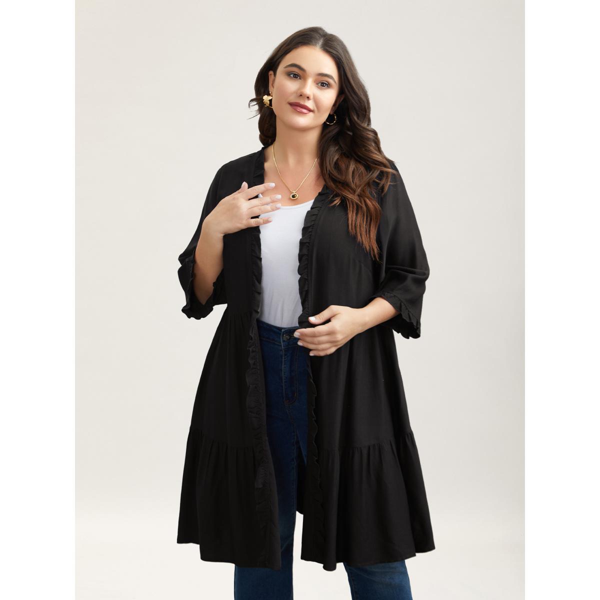 Plus Size Ruffled Open-Front Tiered Kimono Women Black Elegant Gathered Everyday Kimonos BloomChic 22-24/3X Product Image