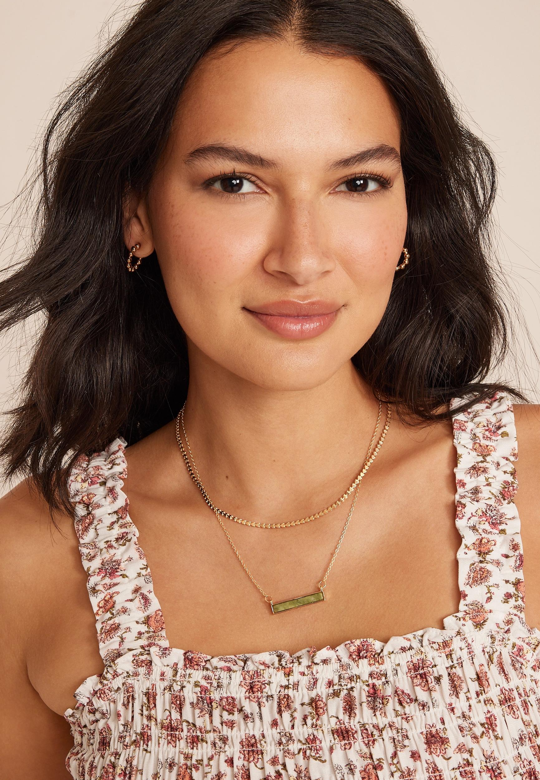 Green Stone Bar Double Layered Necklace Product Image