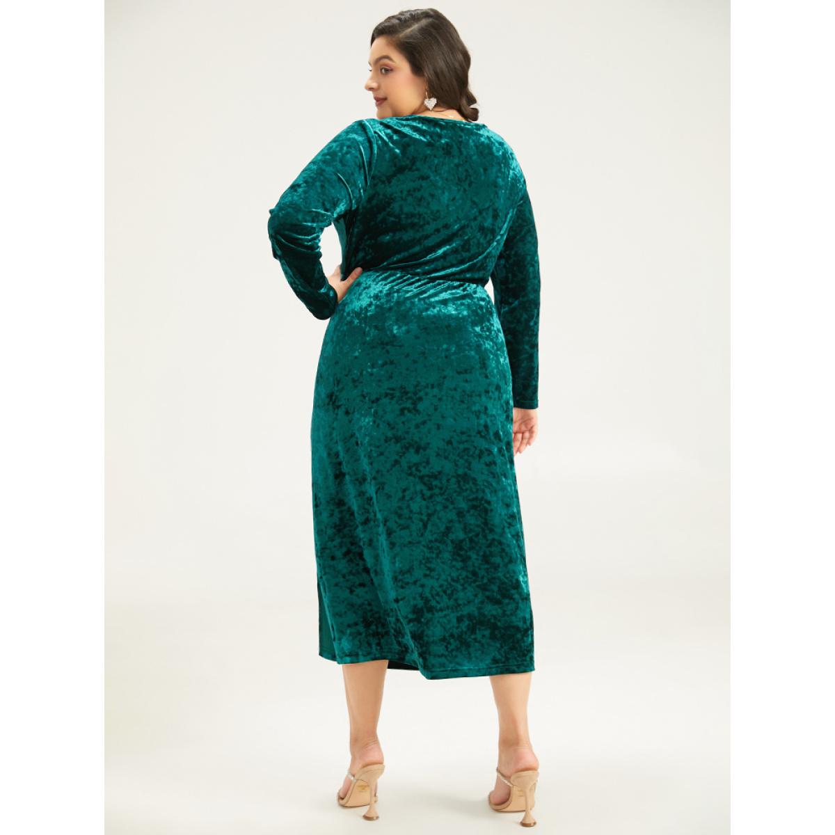Plus Size Velvet Solid Ruched Long Sleeve Dress DarkGreen Women Glamour Gathered V-neck Long Sleeve Curvy Midi Dress BloomChic 18-20/2X Product Image