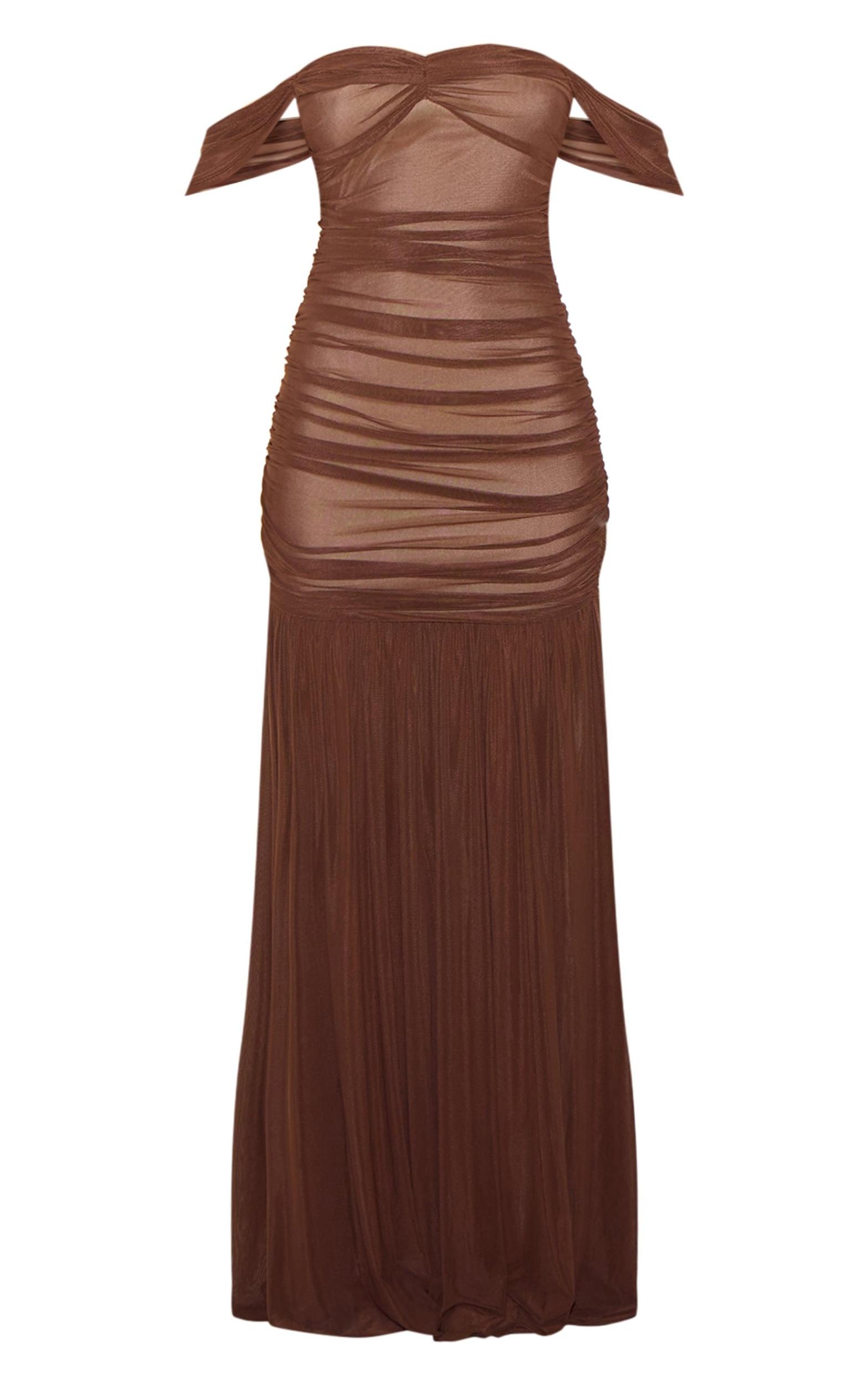 Chocolate Mesh Bardot Ruched Detail Maxi Dress Product Image