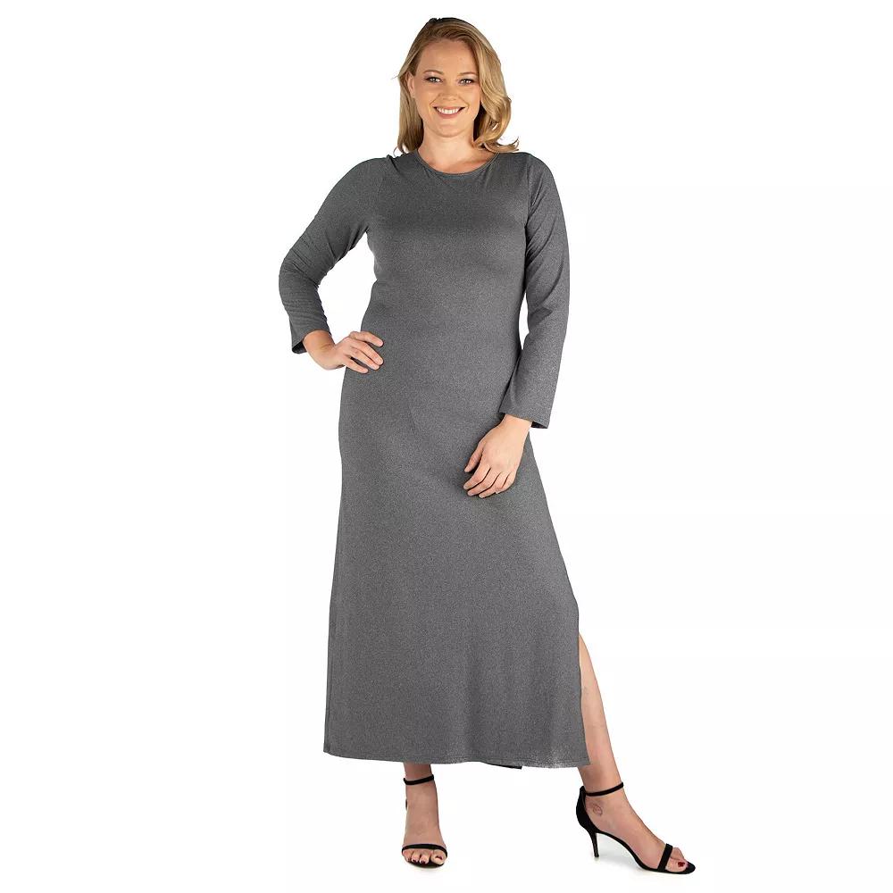 Plus Size 24seven Comfort Apparel Long Sleeve Side Slit Fitted Maxi Dress, Women's, Size: 1XL, Gray Product Image