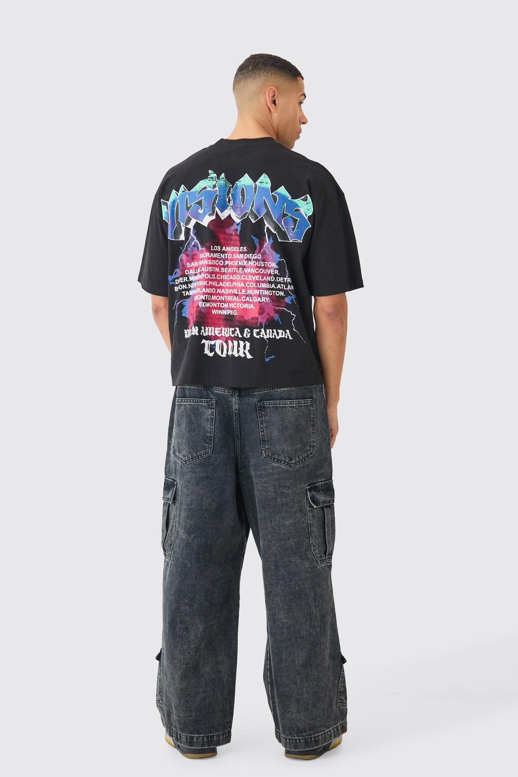 Elastic Waist Acid Wash Parachute Cargo Jeans In Black | boohooMAN USA Product Image