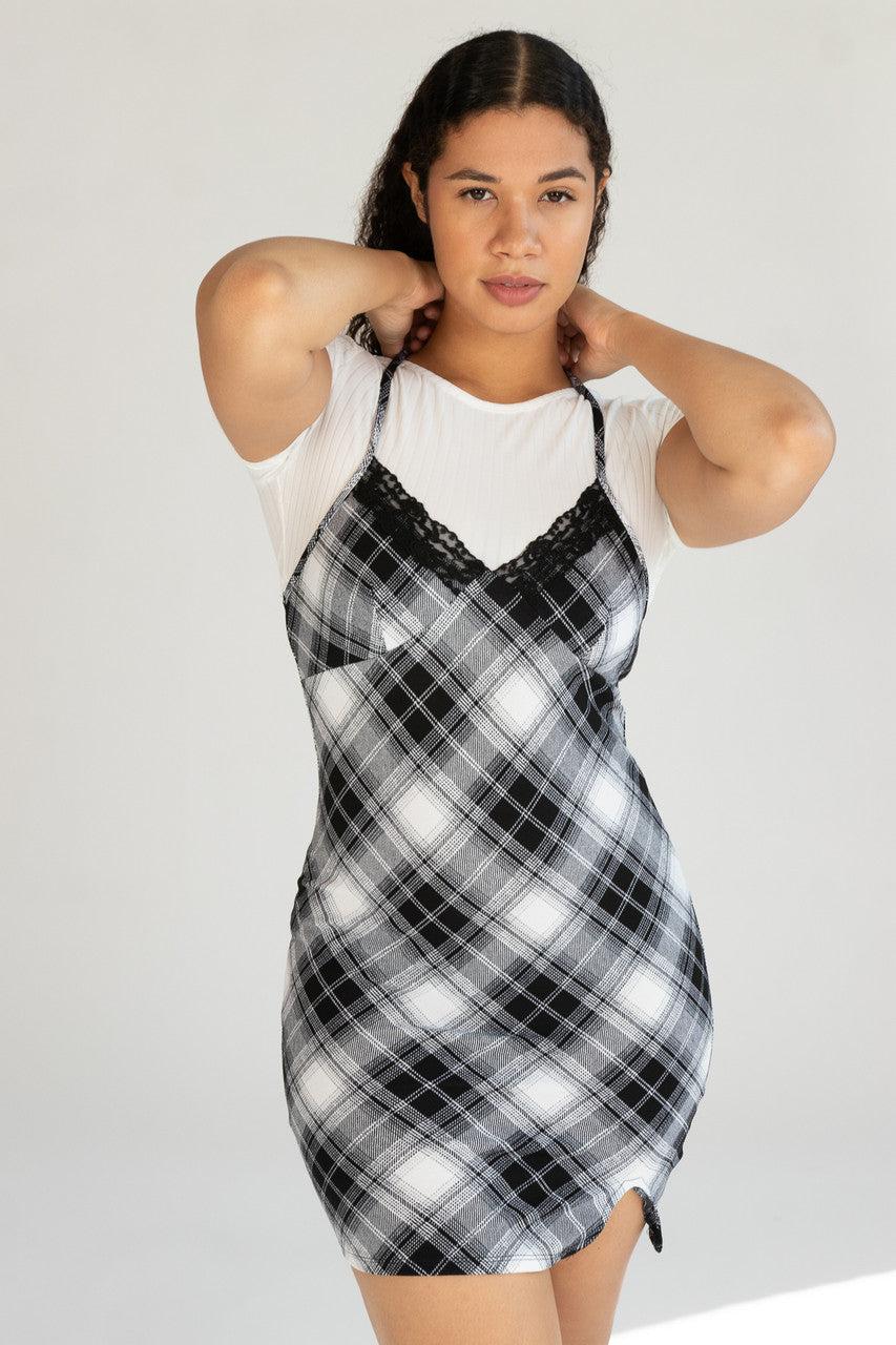 Plaid Cami Mini Dress With Tee Product Image
