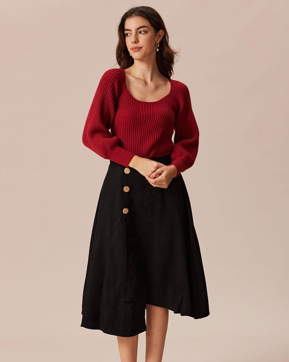 The Red Scoop Neck Lantern Sleeve Sweater Product Image