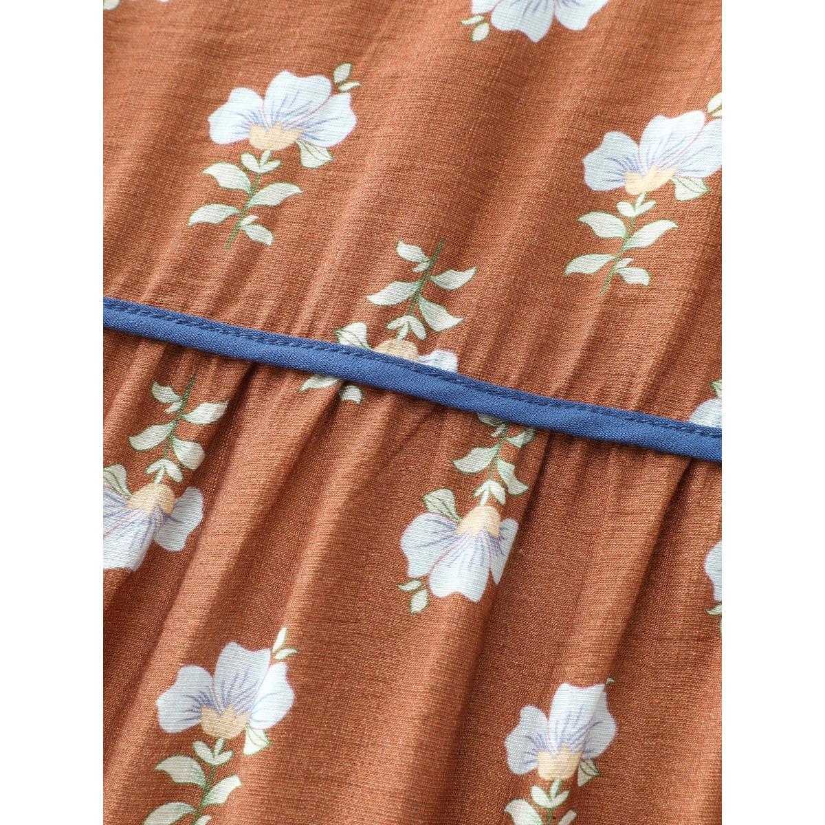 Plus Size Supersoft Floral Print Drawstring Neckline Midi Dress Multicolor Women Playful Tie knot Flat collar with V-notch Extra Long Sleeve Curvy BloomChic 18-20/2X Product Image