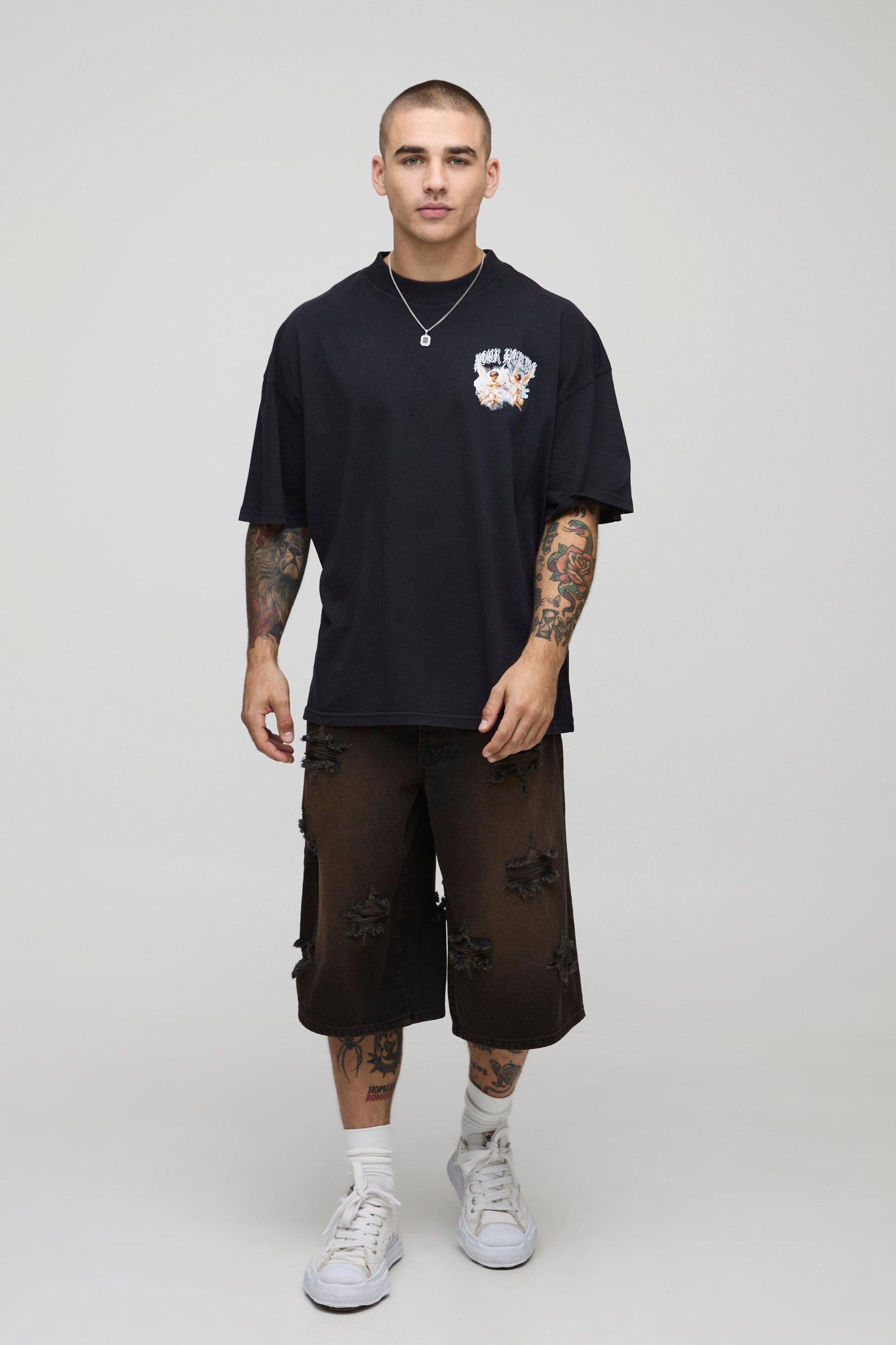 Black Oversized Extended Neck Washed Renaissance Cherub T-Shirt | boohooMAN USA Product Image