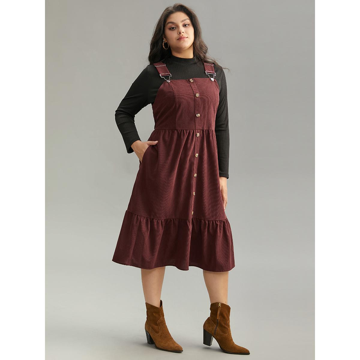 Plus Size Corduroy Button Detail Ruffles Adjustable Straps Dress Chocolate Women Casual Adjustable Straps Spaghetti Strap Sleeveless Curvy Midi Dress BloomChic 22-24/3X Product Image