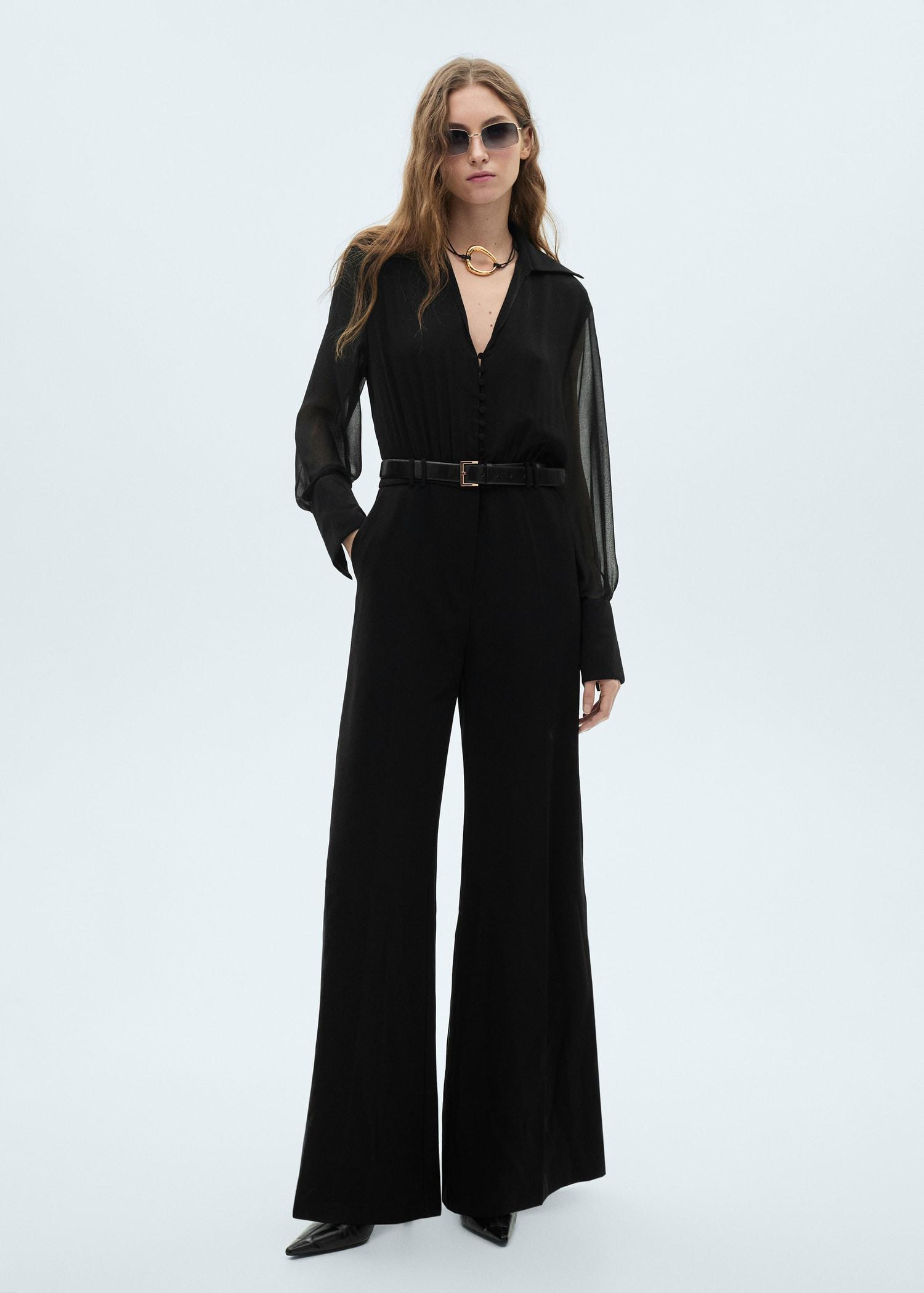 Wide-leg jumpsuit with semi-transparent sleeves - Women | MANGO USA Product Image
