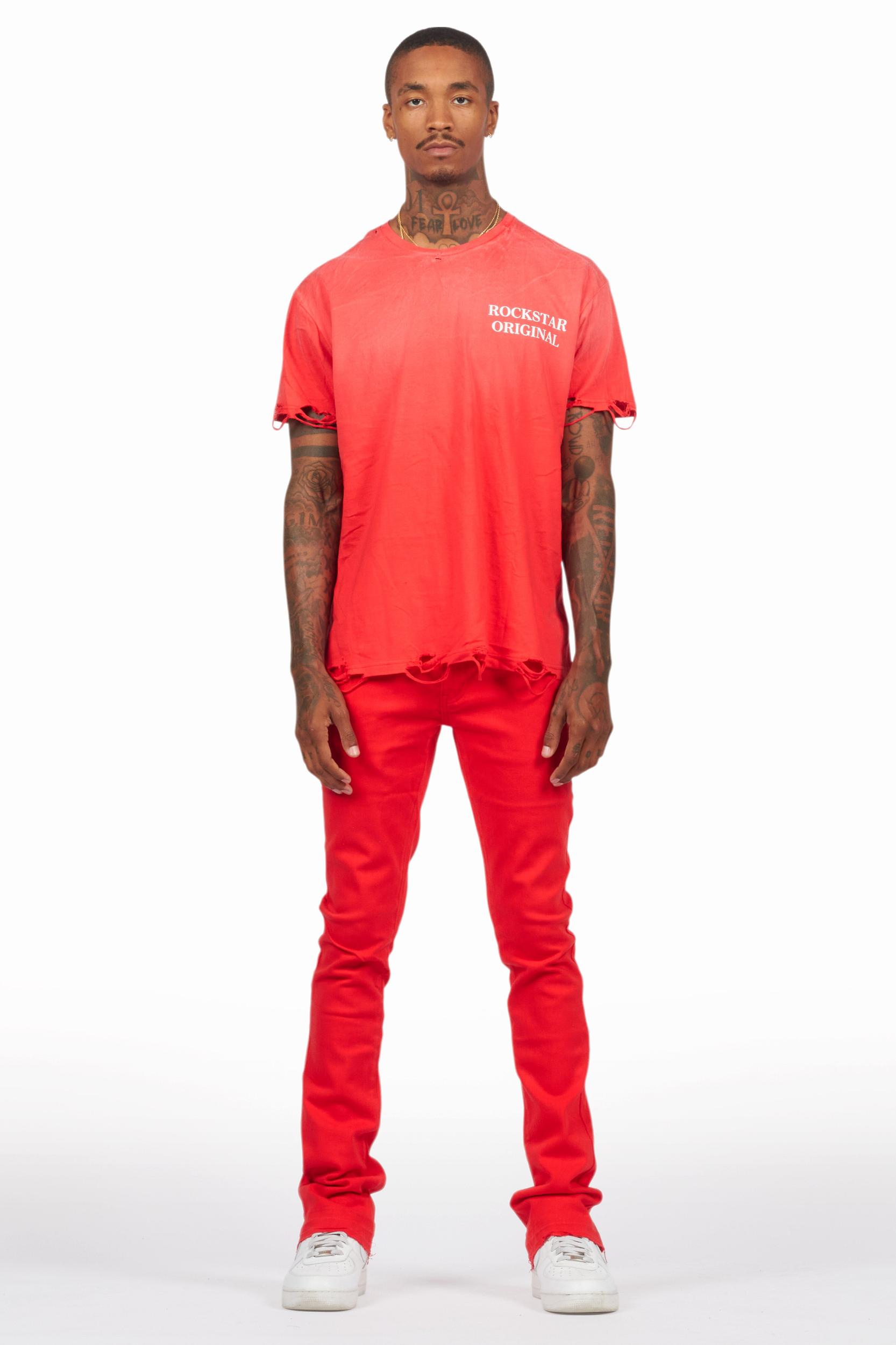 Drako Red/White Oversized Graphic T-Shirt/Dag Stacked Flare Jean Set Male Product Image