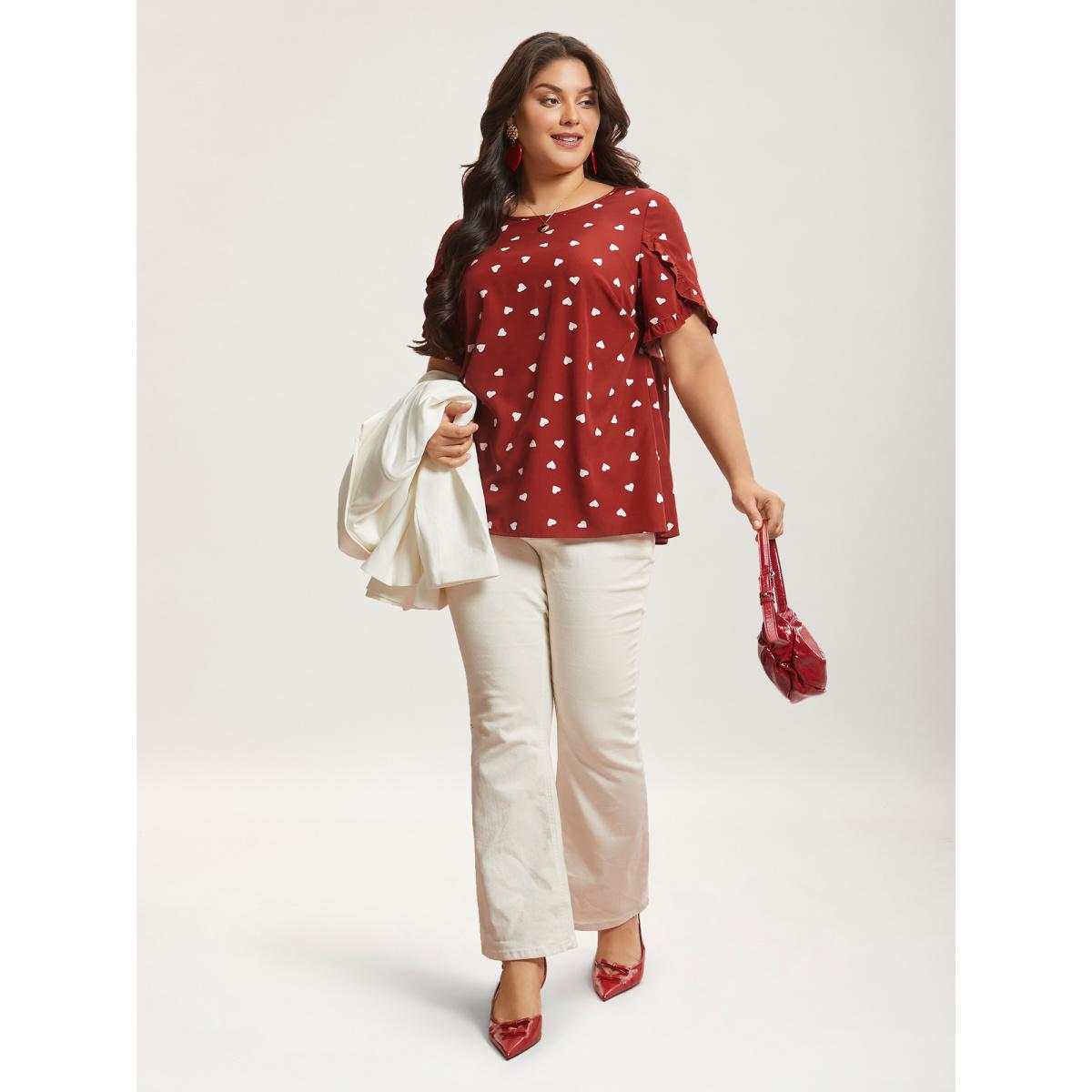 Plus Size Scarlet Ruffled Overlap Sleeve Heart Pattern Blouse Women Retro Short sleeve Round Neck Elegant Blouses BloomChic 26/4X Product Image