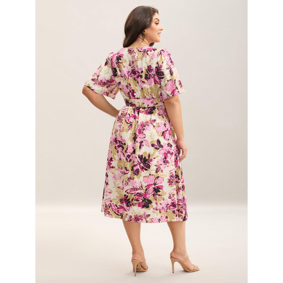 Plus Size Floral Pattern Pockets Surplice Midi Dress Rosered Women Overlap Collar Half Sleeve Curvy BloomChic 14-16/1X Product Image