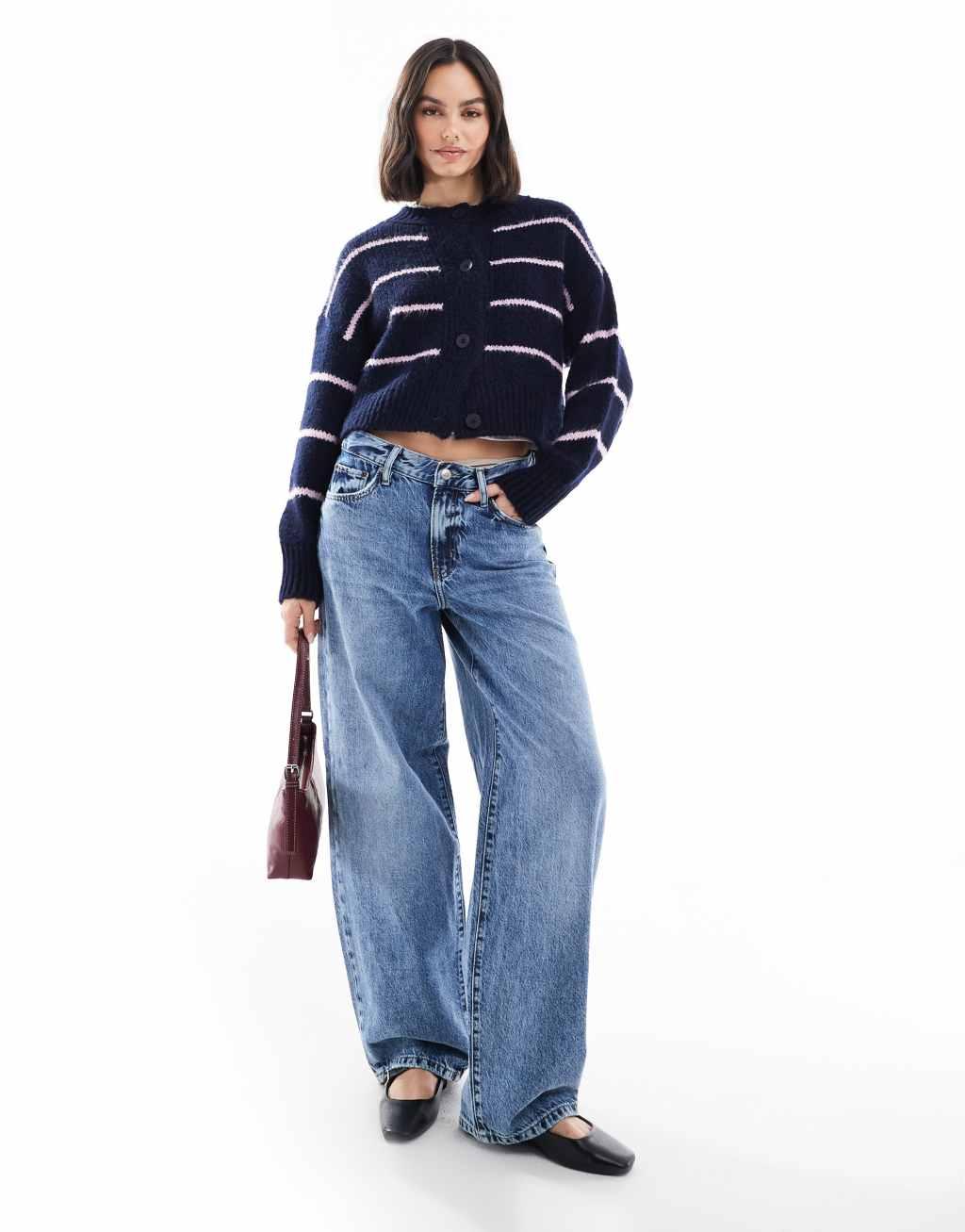 ASOS DESIGN crew neck loose knit cardigan in navy and lilac stripe Product Image