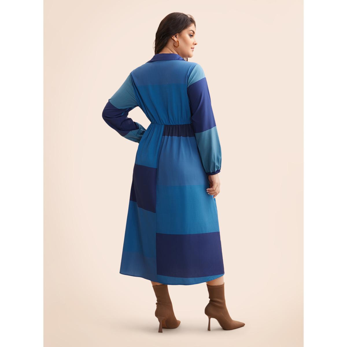 Plus Size Shirt Collar Colorblock Contrast Midi Dress DarkBlue Women Elegant Contrast Shirt collar Long Sleeve Curvy BloomChic 12/L Product Image