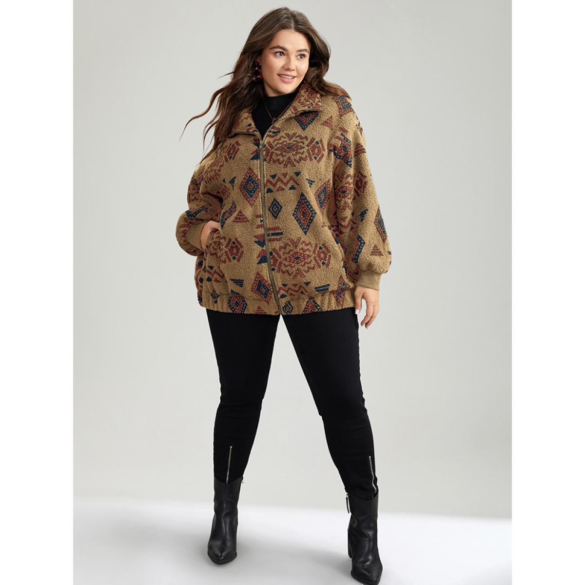 Plus Size Geometric Pocket Gathered Zipper Jacket Women Bronze Zipper Pocket Casual Jackets BloomChic 26/4X Product Image