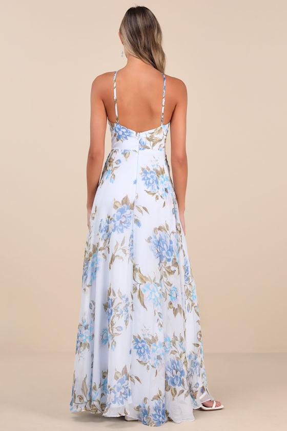 Romantic Marvel Light Blue Floral Print Halter Neck Maxi Dress Product Image