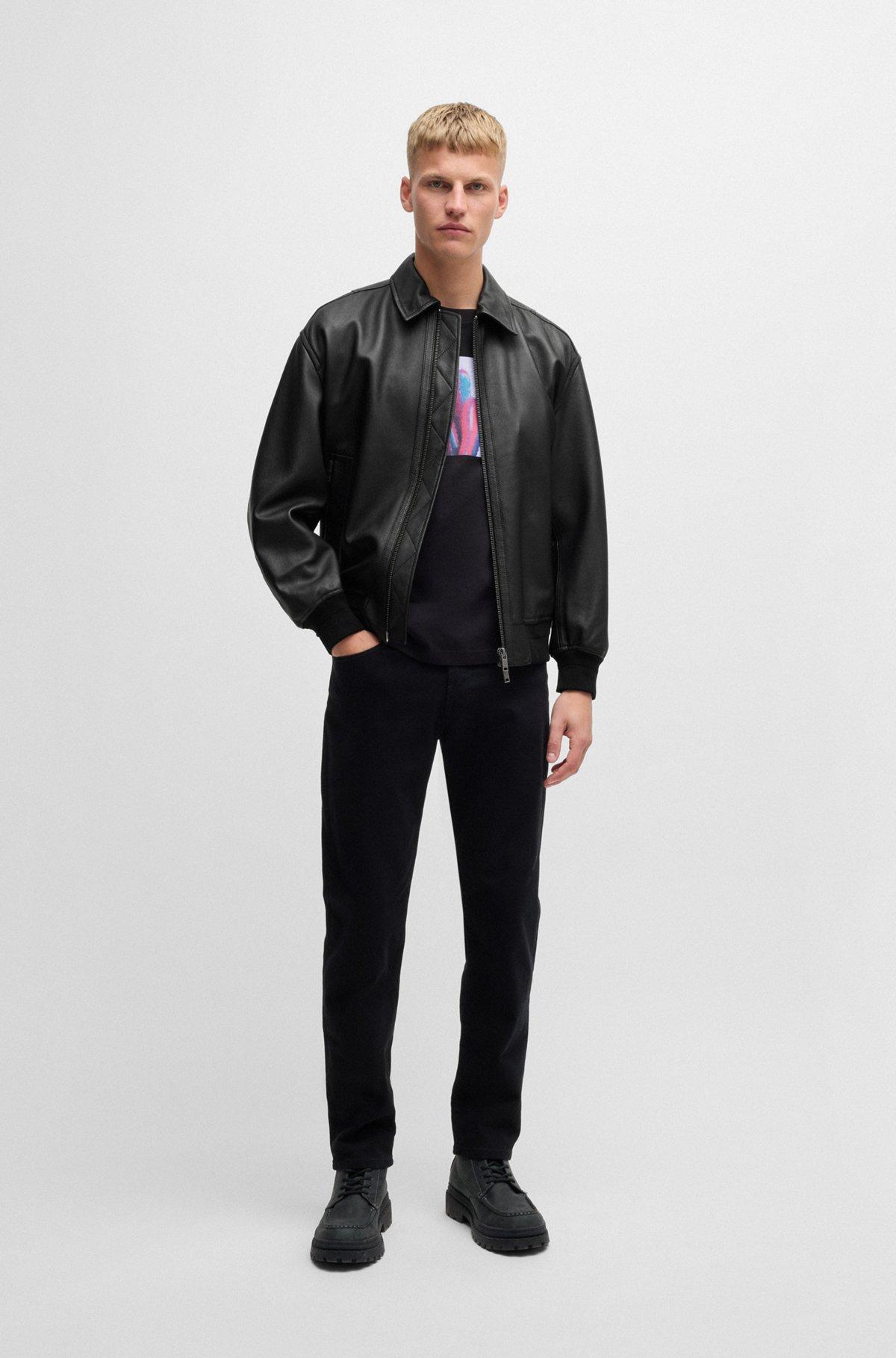 BOSS - Relaxed-fit bomber jacket in treated leather - Black Product Image