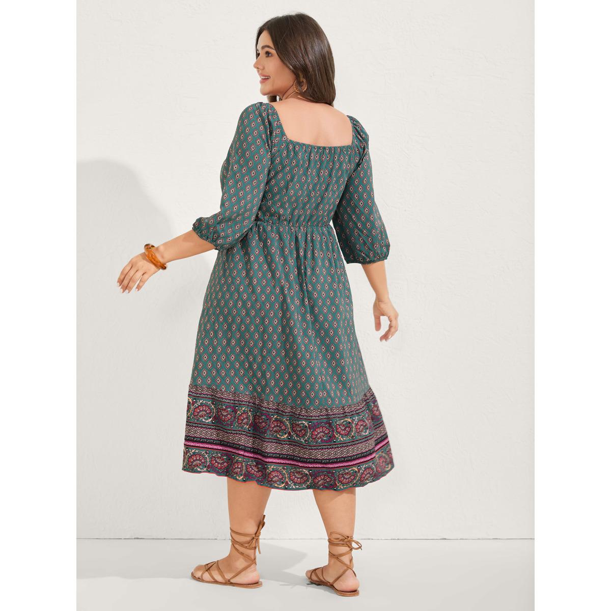 Plus Size Paisley Print Shirred Bodice Midi Dress Teal Women Boho Square Neck Elbow-length sleeve Curvy BloomChic 26/4X Product Image