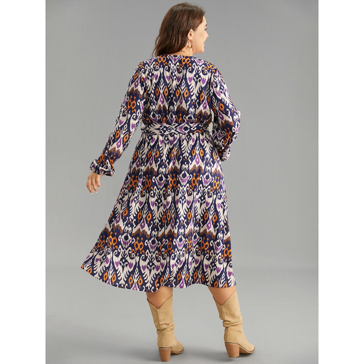 Plus Size Boho Print Overlap Collar Elastic Waist Belted Dress DarkBlue Women Resort Elastic cuffs Overlap Collar Long Sleeve Curvy Midi Dress BloomChic 26/4X Product Image