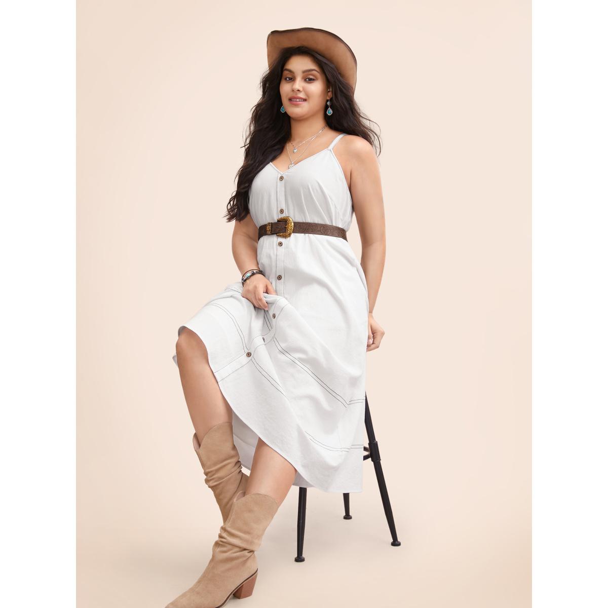 Plus Size Hollow Front Button Detail Flare Maxi Dress Originalwhite Women Resort Topstitching V-neck Sleeveless Curvy BloomChic 30/6X Product Image