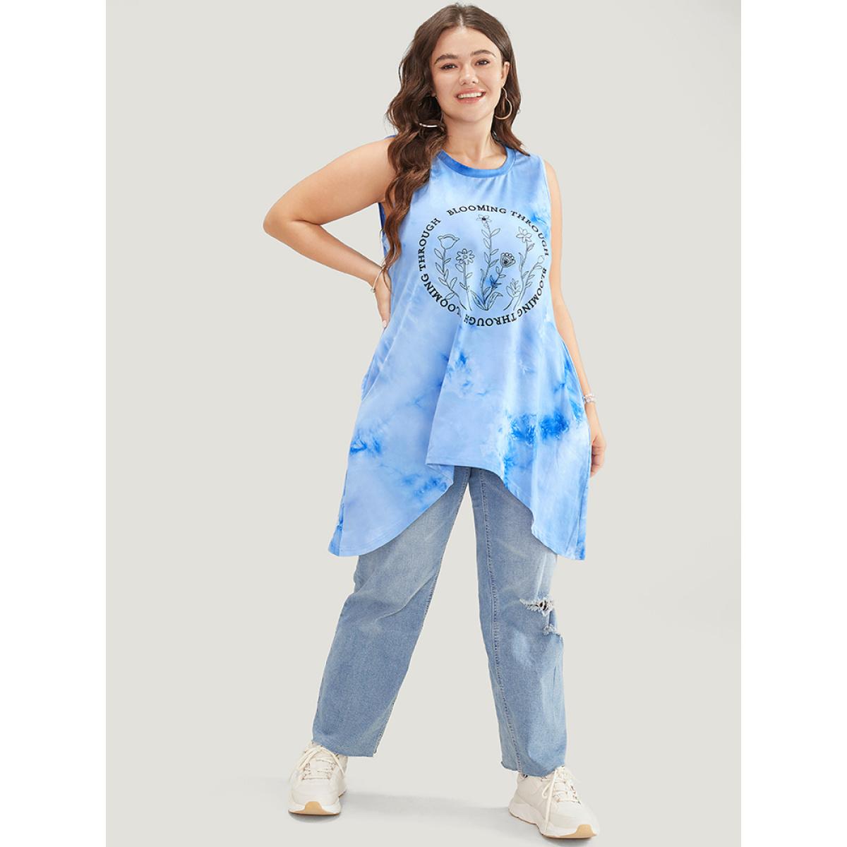 Plus Size Floral & letter Print Asymmetrical Hem Tie Dye Tank Top Women LightBlue Casual Printed Dailywear Tank Tops Camis BloomChic 18-20/2X Product Image
