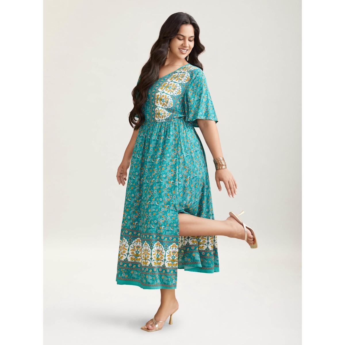 Plus Size Boho Floral Print V-Neck Maxi Dress Cerulean Women Resort Non V-neck Half Sleeve Curvy BloomChic 22-24/3X Product Image