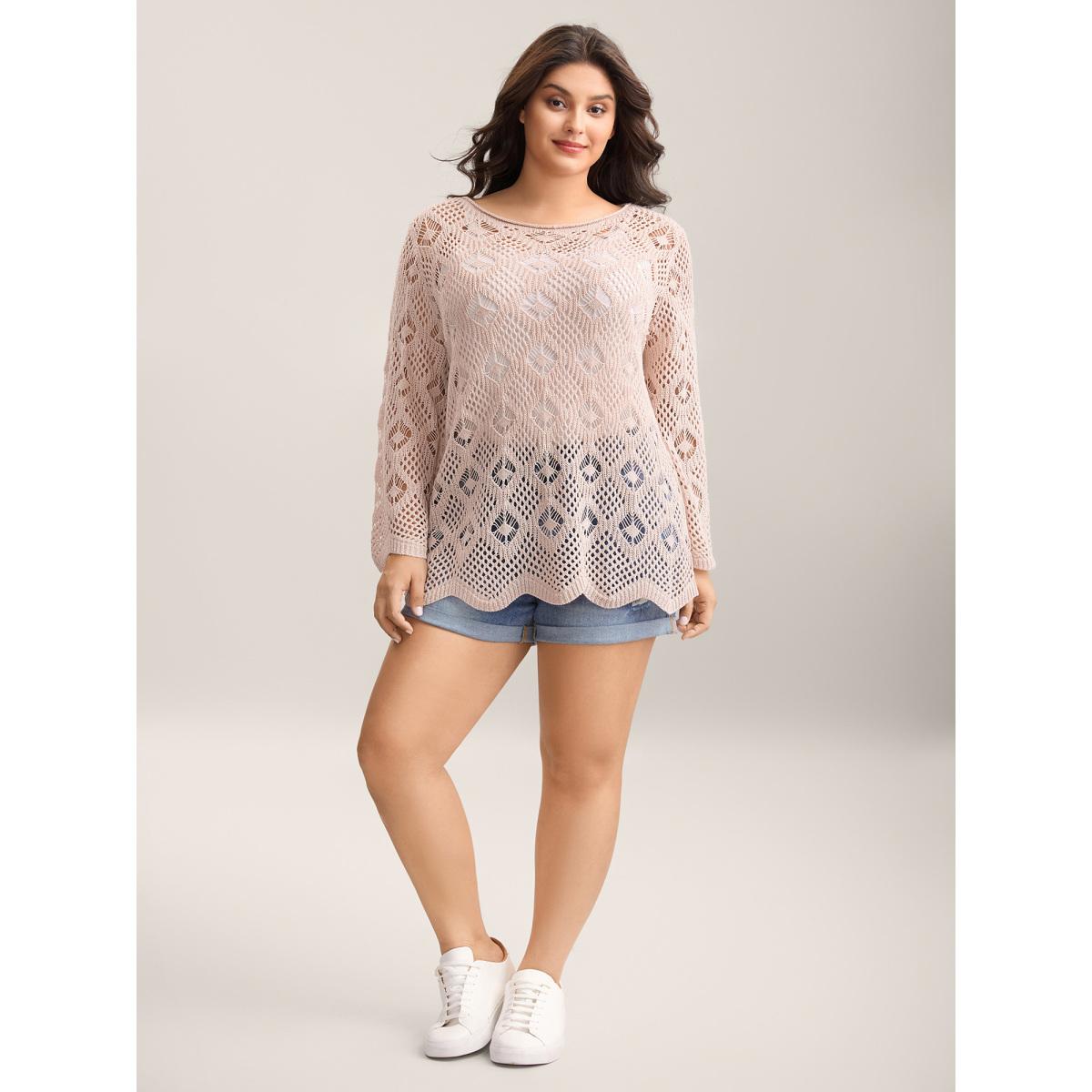 Plus Size Cut Out Textured Feel Pullover MistyRose Women Casual Loose Long Sleeve Round Neck Everyday Pullovers BloomChic 22-24/3X Product Image