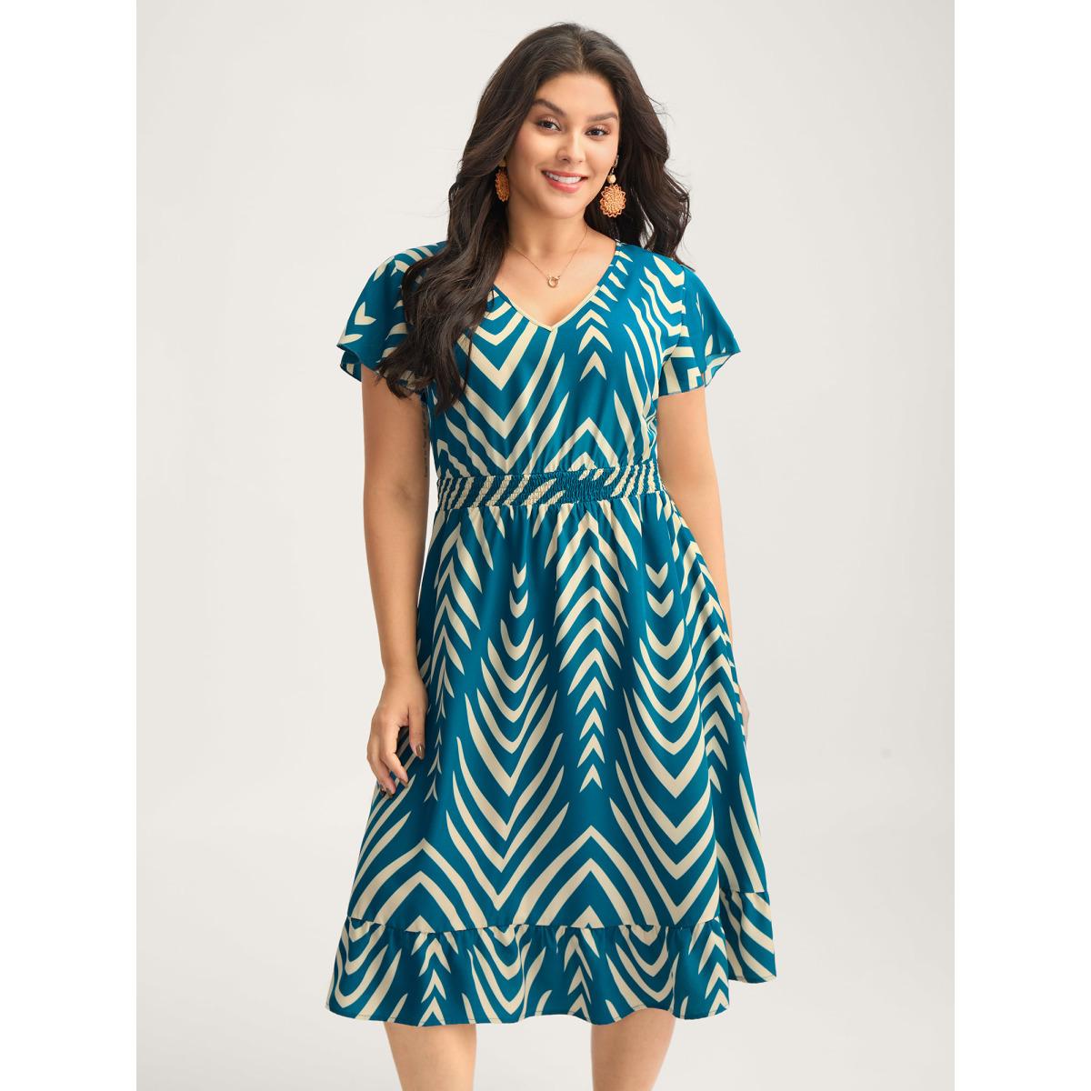 Plus Size Geometric Print Cinched-Waist Midi Dress Aegean Women Contrast V-neck Cap Sleeve Curvy BloomChic 26/4X Product Image