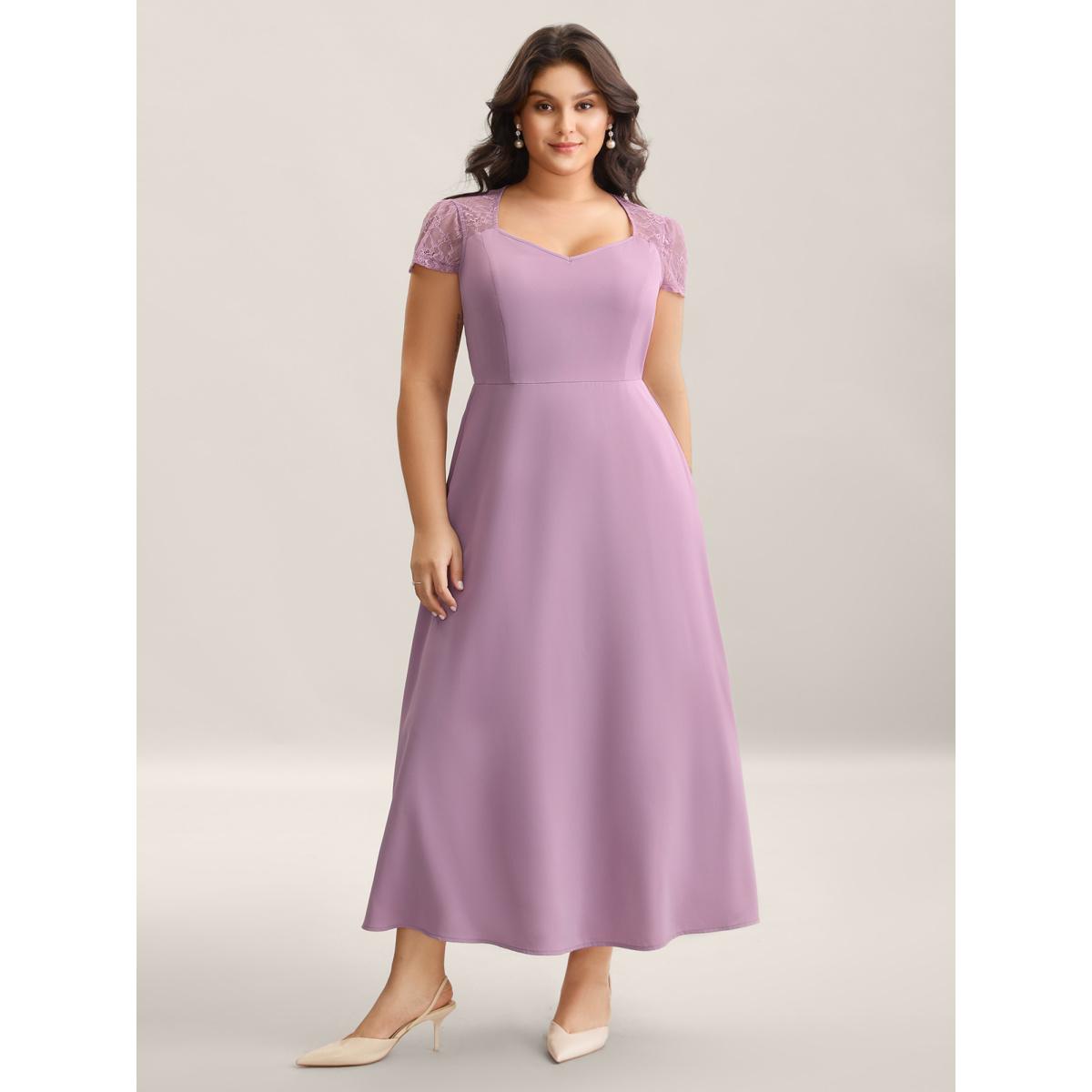 Plus Size Sheer Lace Sleeve Spliced Pockets Maxi Dress Mauve Women V-neck Cap Sleeve Curvy BloomChic 28/5X Product Image