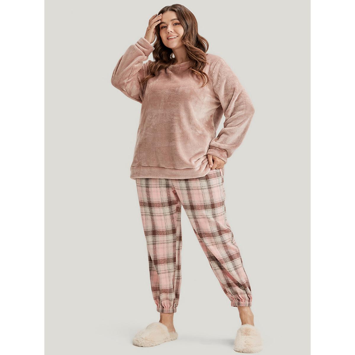 Plus Size Solid Flannel Round Neck Plaid Pajama Set Women Russet Plaid Elastic Waist Long Sleeve Round Neck Casual Loungewear Sets BloomChic 10/M Product Image