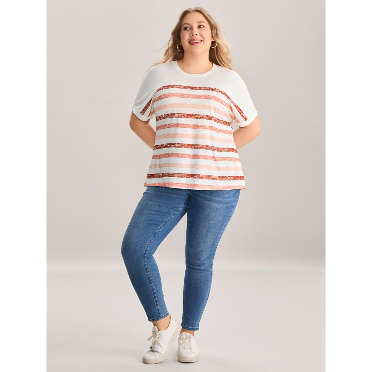 Plus Size Colorful Stripes Stretchy Crewneck T-Shirt WhiteSmoke Women Contrast Round Neck Everyday-Casual T-shirts BloomChic 10/M Product Image