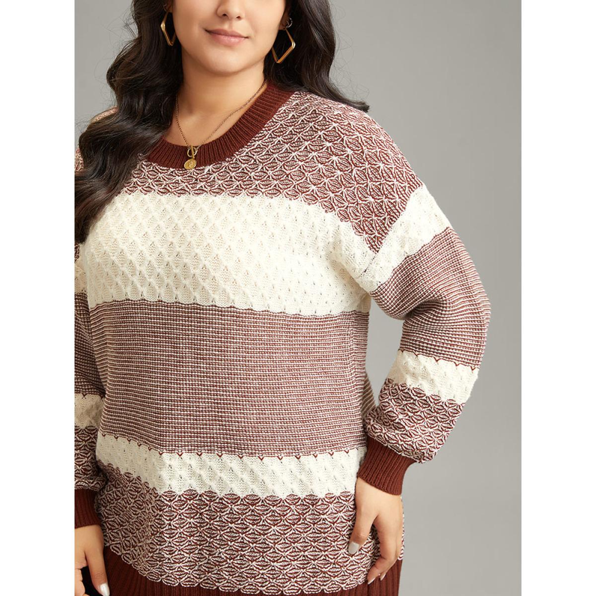 Plus Size Colorblock Contrast Round Neck Elastic Cuffs Pullover Rust Women Casual Loose Long Sleeve Round Neck Dailywear Pullovers BloomChic 14-16/1X Product Image