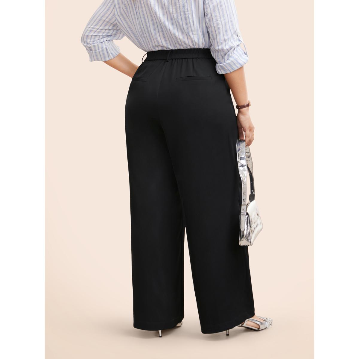 Plus Size Stretch Woven Pleated Elastic Waist Pants Women Black At the Office Wide Leg Mid Rise Office Pants BloomChic 12/L Product Image