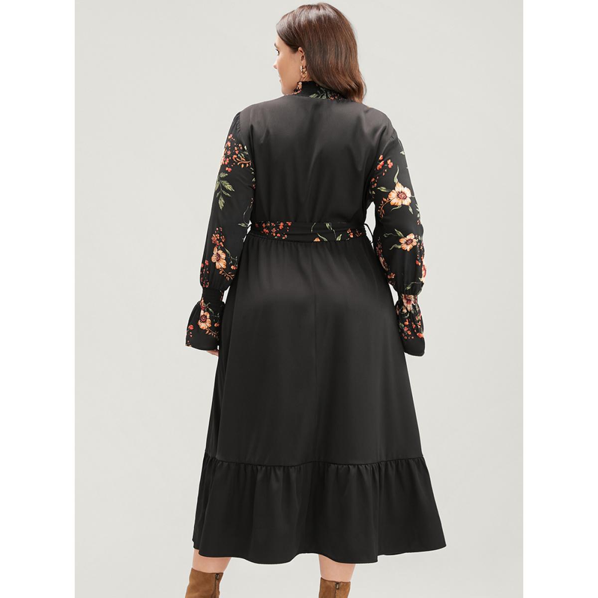 Plus Size Floral Patchwork Lantern Sleeve Pocket Belted Shirred Mock Neck Dress Black Women Elegant Patchwork Mock Neck Long Sleeve Curvy Midi Dress BloomChic 14-16/1X Product Image