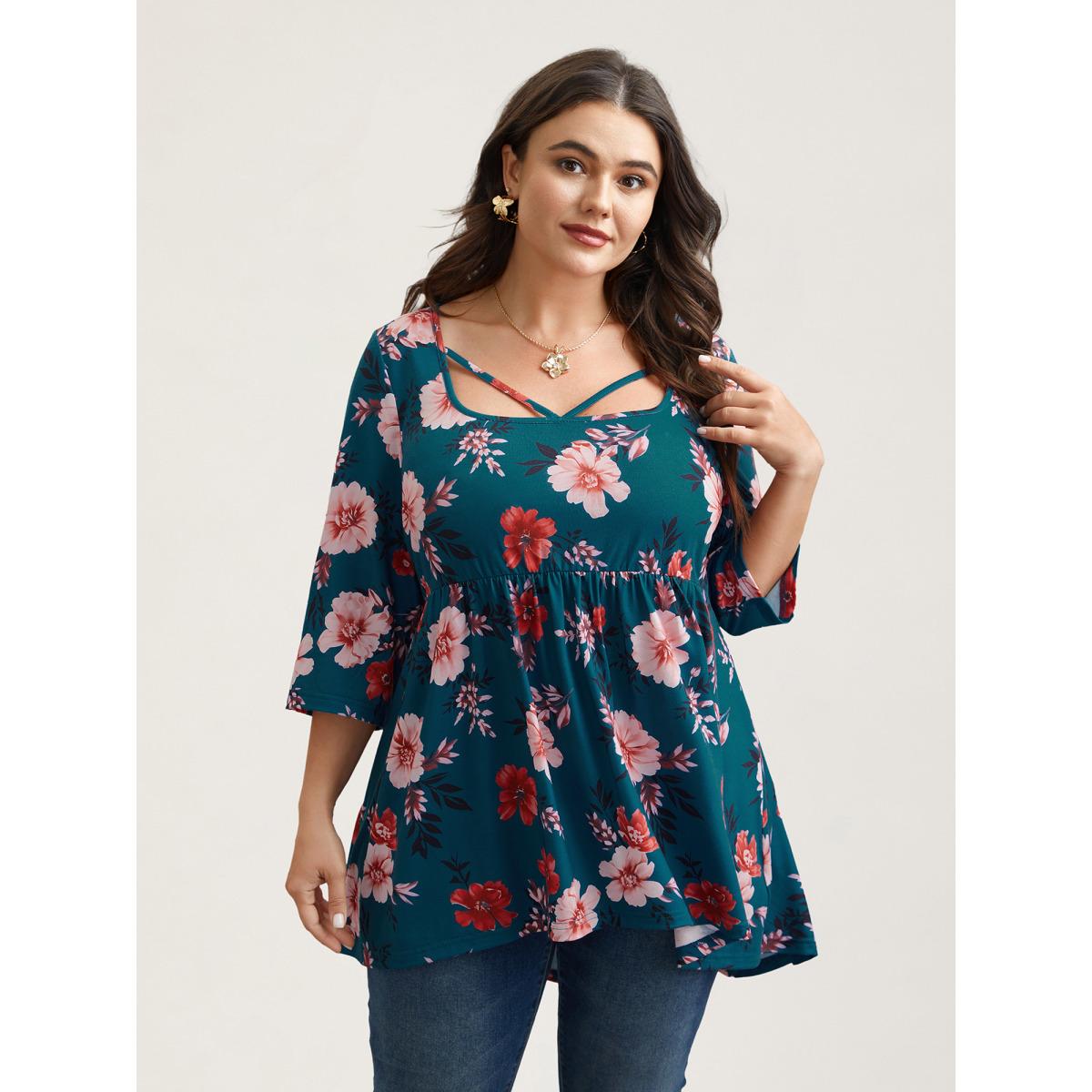 Plus Size Floral Print Neck Cut-Out Babydoll Top Multicolor Women Elegant Gathered Natural Flowers Square Neck Bodycon Everyday T-shirts BloomChic 10/M Product Image