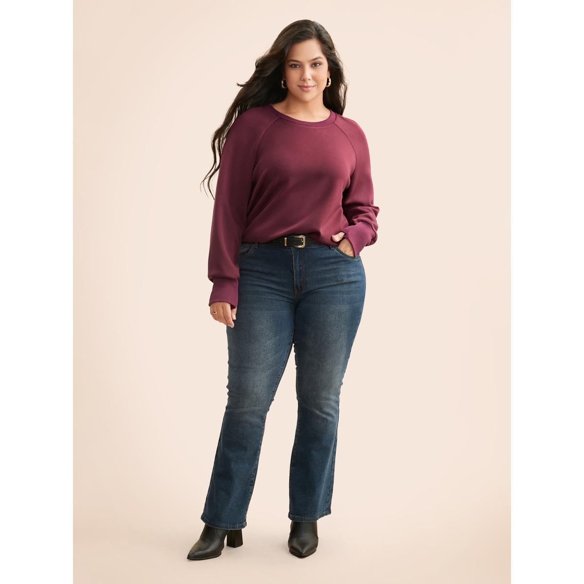 Plus Size Solid Raglan Sleeve Slit Hem Sweatshirt Women Plum Casual Slit Loose Non Everyday Sweatshirts BloomChic 22-24/3X Product Image