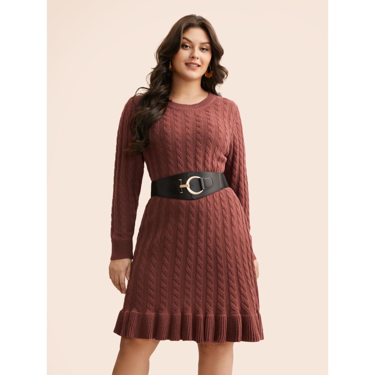 Plus Size Round Neck Cable Knit Ruffle Trim Sweater Dress DustyPink Women Resort Bodycon Long Sleeve Vacation Sweater Dresses BloomChic 10/M Product Image