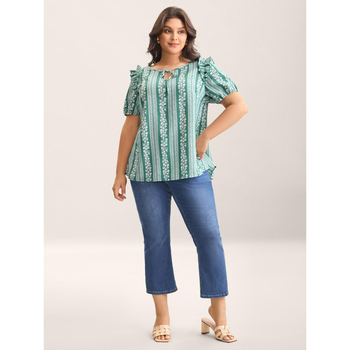 Plus Size Teal Floral Print Ruffled Detail Sleeve Blouse Women Short sleeve Flat collar with V-notch Everyday-Elegant Blouses BloomChic 26/4X Product Image