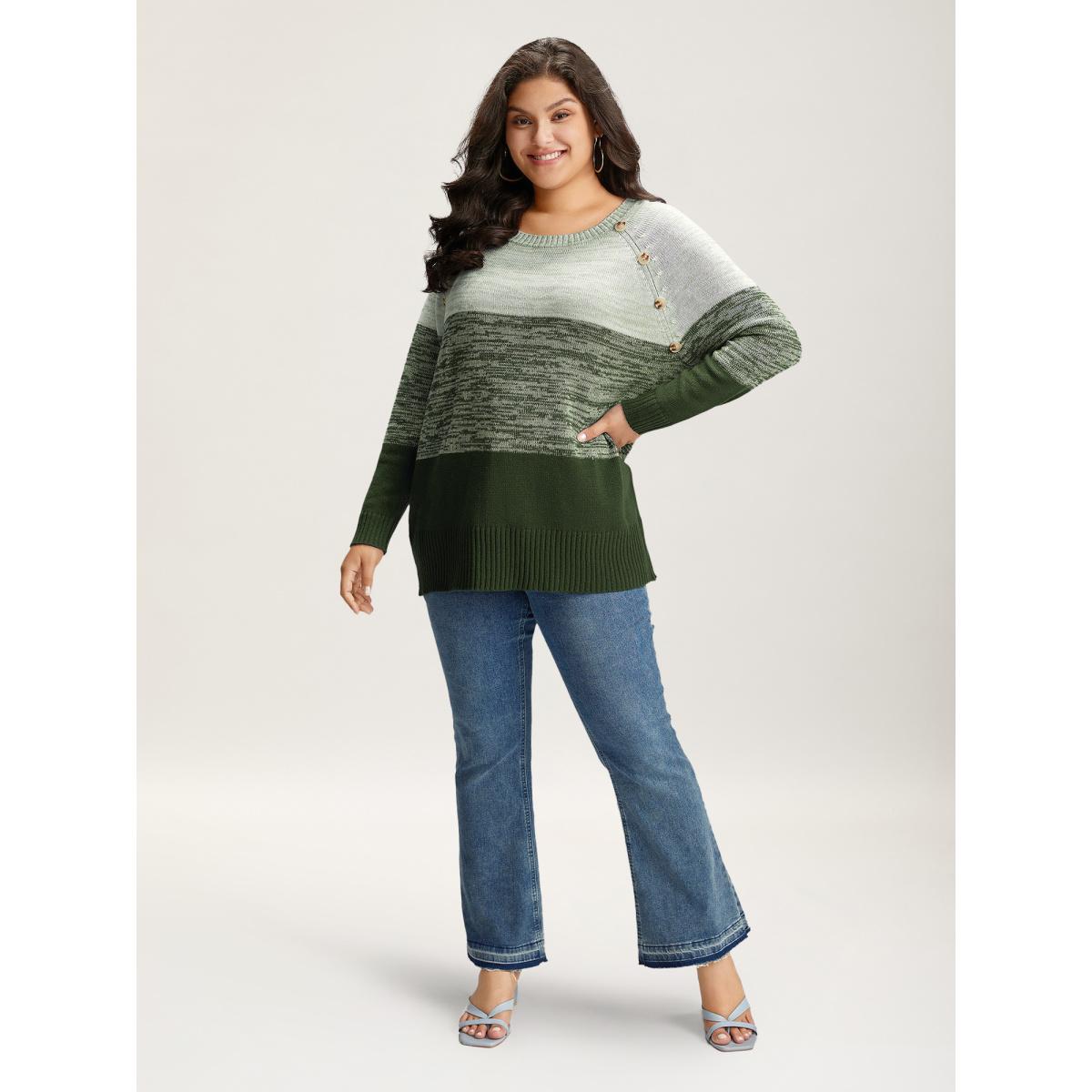 Plus Size Colorblock Contrast Heather Button Detail Pullover Indigo Women Leisure Long Sleeve Round Neck Casual Pullovers BloomChic 22-24/3X Product Image