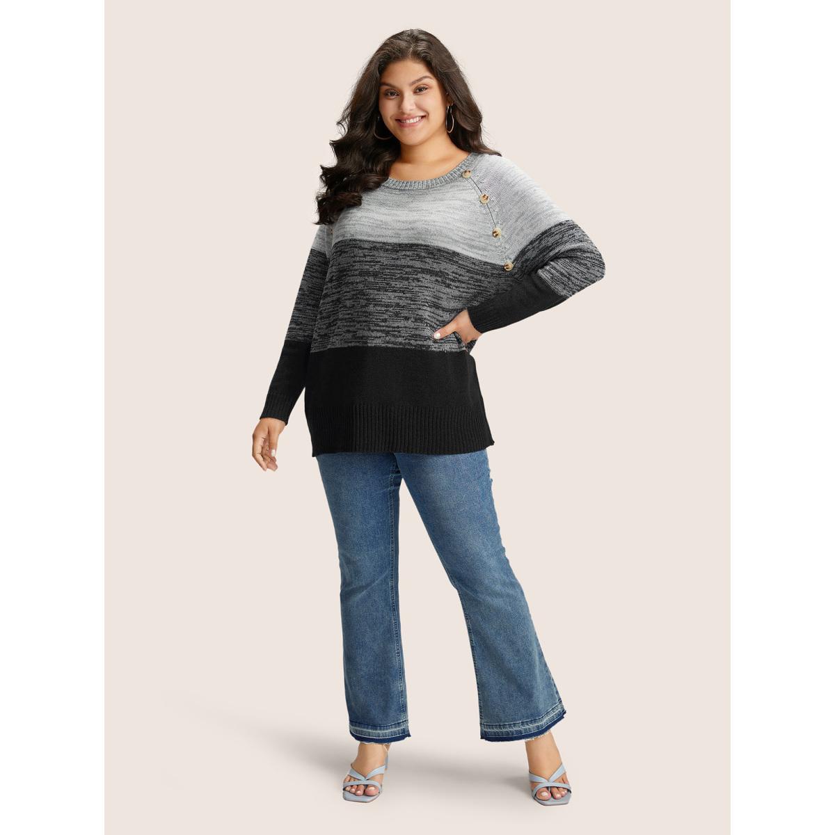 Plus Size Colorblock Contrast Heather Button Detail Pullover Black Women Leisure Long Sleeve Round Neck Casual Pullovers BloomChic 18-20/2X Product Image