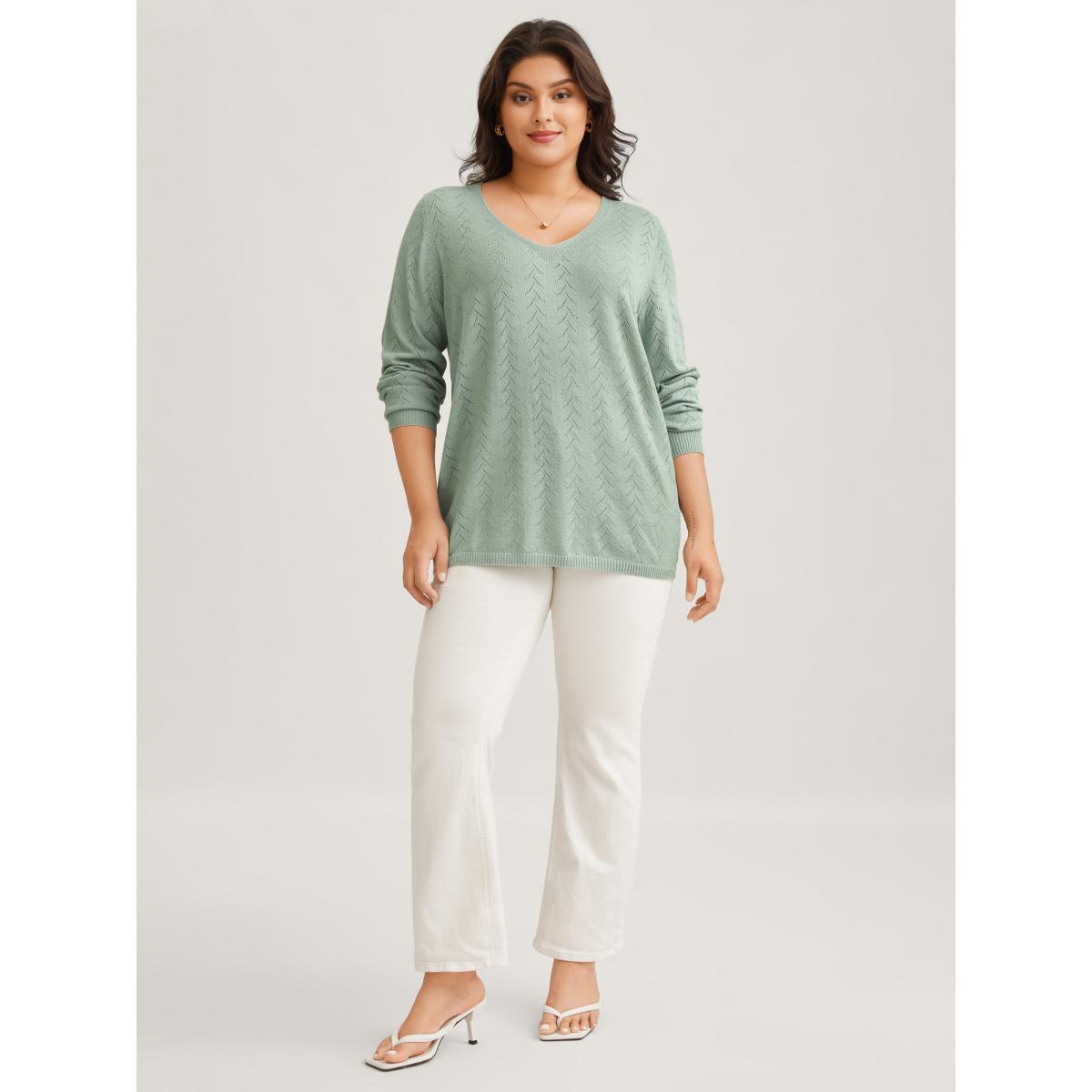 Plus Size Texture V Neck Lightweight Pullover Greenbean Women Leisure Long Sleeve V-neck Casual Pullovers BloomChic 10/M Product Image